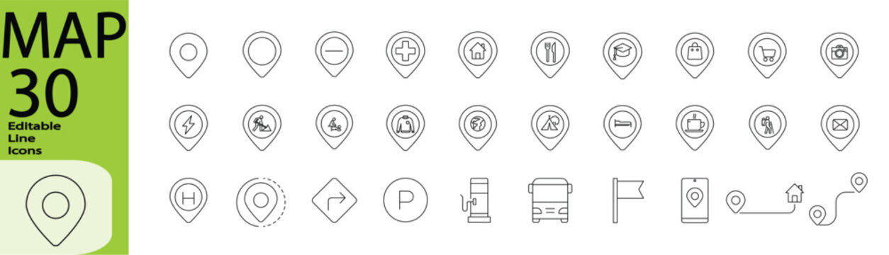 Map icon set. Editable stroke.