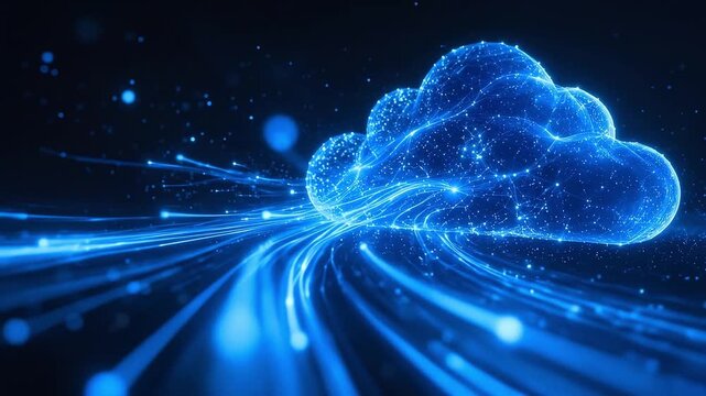 Cloud Computing Data Stream: A luminous blue cloud icon pulses with light, symbolizing data transfer and digital connectivity, as streaks of light race across a dark background.