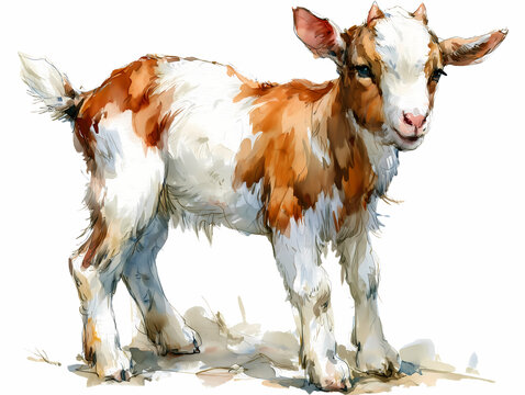 Watercolor illustration with a cute baby goat  isolated on a transparent background 

