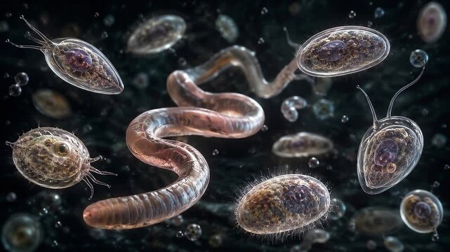 Microscopic World Unveiled: A vibrant, detailed illustration showcasing a diverse array of single-celled organisms and microorganisms in their natural, dark habitat.