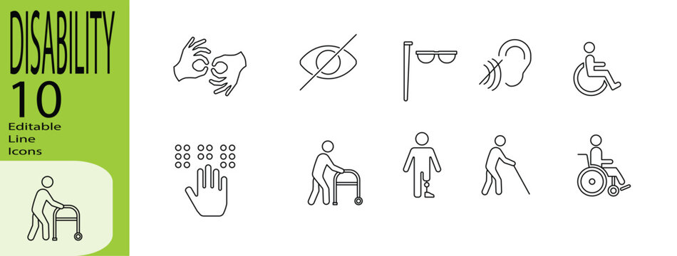 Disability icon set. Editable stroke.