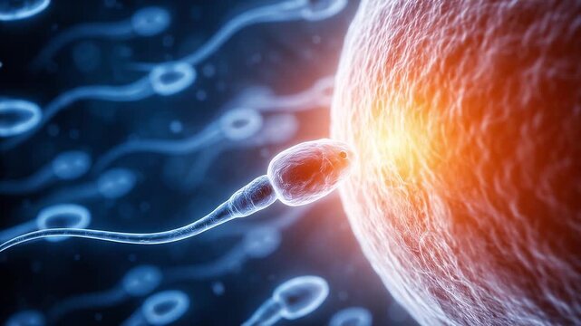 Fertilization Concept: Sperm cells swim towards a human egg cell in a symbolic representation of conception and the beginning of life.