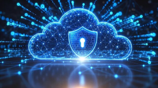 Secured Digital Cloud: A glowing, abstract representation of a digital cloud with a shield emblem and a keyhole, symbolizing data security and online protection in a futuristic network.
