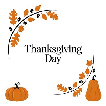 Thanksgiving day text with pumpkins and autumn leaves