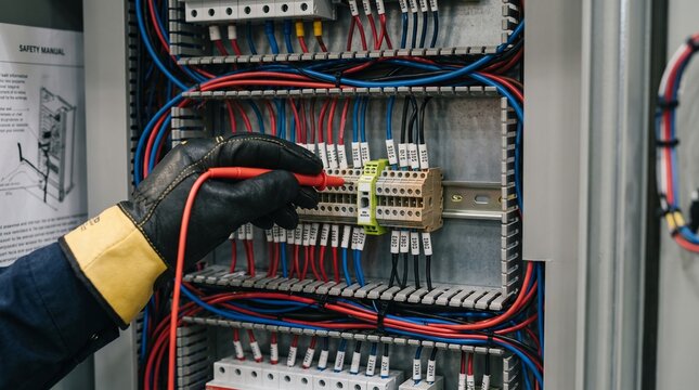 Electrician testing circuits inside an industrial control panel during routine inspection. Maintenance technician checking wiring for facility upkeep and electrical system service.
