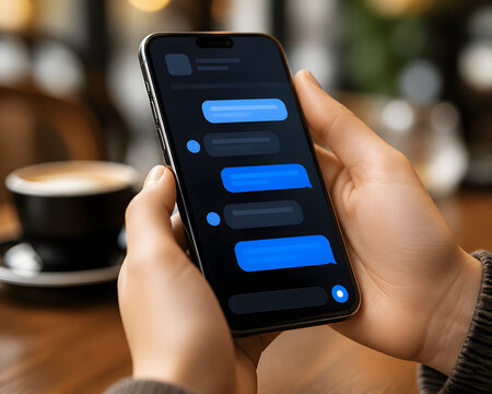 Hands using a smartphone with a blue messaging interface