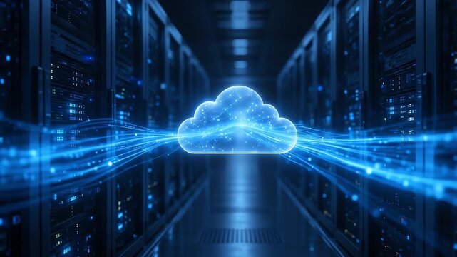 Cloud Computing Data Center: A futuristic depiction of cloud computing within a modern data center, with glowing data streams flowing towards a luminous cloud icon amidst server racks.