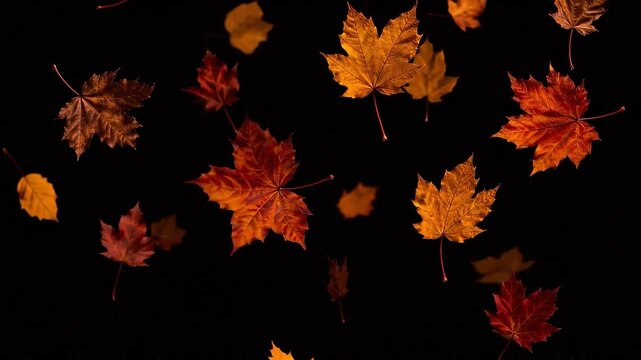 Falling Autumn Maple Leaves: A captivating display of vibrant, multi-colored maple leaves cascading in mid-air against a stark black background, evoking the essence of autumn's transition.