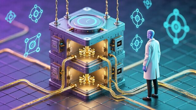Isometric Modular Quantum Computer, Futuristic Lab Illustration