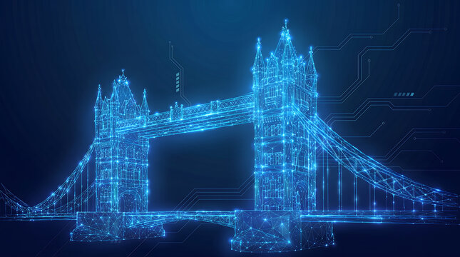 Futuristic vector illustration of Tower Bridge in London composed of glowing blue low poly wireframe, circuit lines, and luminous network dots on dark background. Perfect for AI themes