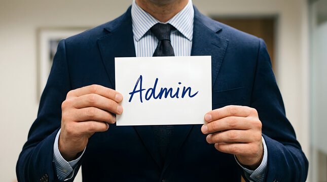 A professional business person wearing a dark blue suit jacket and striped dress shirt holds a white card featuring the dark handwritten text Admin in the center of a modern office environment