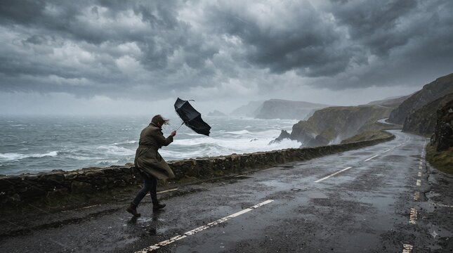 Person walking with umbrella in strong wind and rain on coastal road during storm