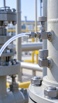 Industrial gas pipe fitting for methane emissions verification at processing facility, with stainless steel valves, tubing and bolted flanges