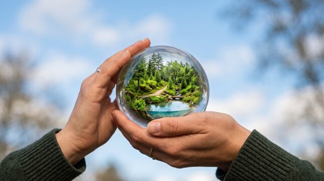 Human hands gently holding a glass sphere containing a miniature lush green forest landscape with river, symbolizing environmental conservation, climate change awareness, global