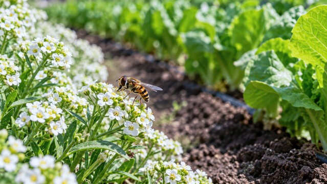 Mustard flower bee garden crop plant health crop protection pollination white blossom green leaf dark soil An insect visits white mustard flower