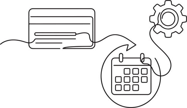 Continuous line drawing of credit card, calendar and gear icon representing automated recurring payment process