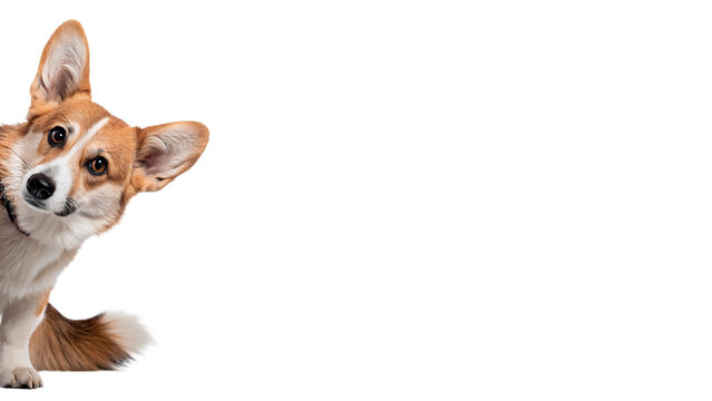 Cute small corgi puppy dog peeking sideways isolated on transparent background