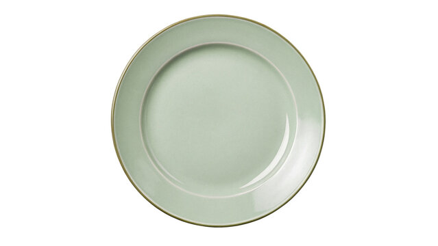 Single empty round light green ceramic dinner plate isolated on transparent background