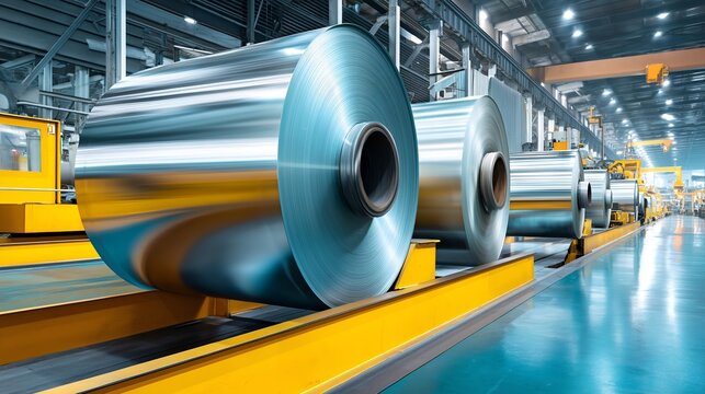 Industrial aluminium sheet rolling line in motion blur with high speed automation