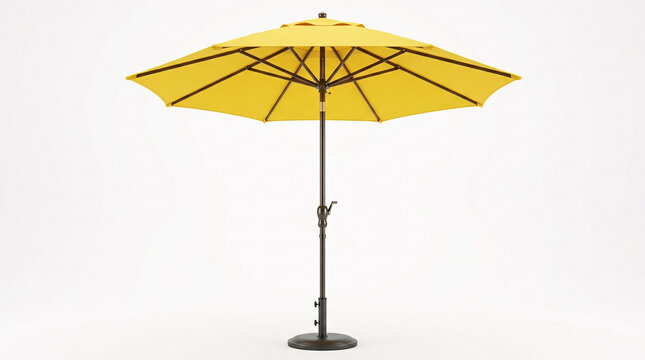 Bright yellow outdoor patio umbrella standing on a white background