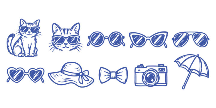 Cool cat with sunglasses and summer fashion elements doodle set Vector Illustration   