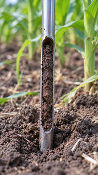 Corn field soil testing with metal probe supports precision fertilizer application and careful crop management