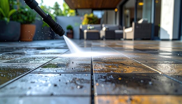 power washing patio, removing stubborn mud and grime from outdoor tiles. High pressure stream cleans surface efficiently