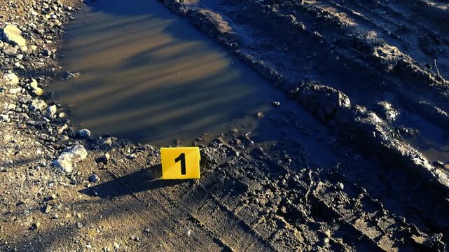Yellow forensic evidence marker number one sitting on the ground near a puddle and a muddy tire track at a crime scene. Law enforcement investigating a case, collecting proof for analysis
