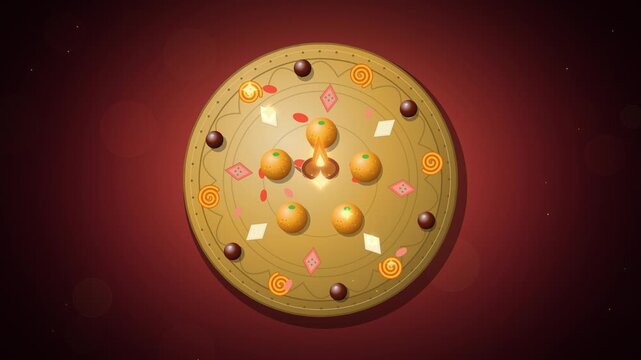 Diwali golden thali of laddoo jalebi and barfi on deep maroon