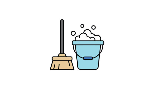 Home cleaning equipment concept featuring a wooden broom and a blue plastic bucket full of white soap bubbles.