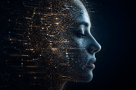 Human profile formed from glowing digital particles