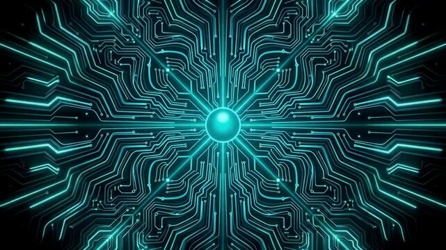 Abstract digital technology background with glowing blue circuit board lines radiating from a central core