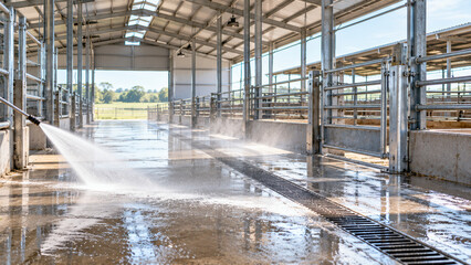 Fototapeta premium Livestock disease prevention in clean barn with water spray and wet floor