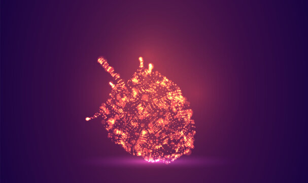 3D object made of dots, bright glow against a purple and magenta background