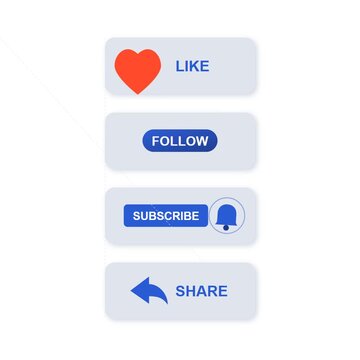 Animated neomorphic social media button kit for commercial marketing including like share follow and subscribe