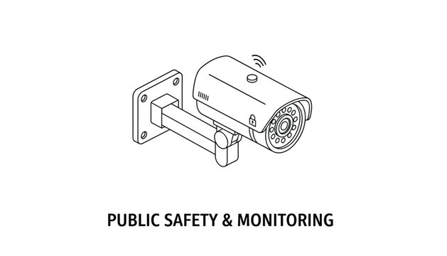 Security camera outline illustration with public safety and monitoring text against a clean white background.