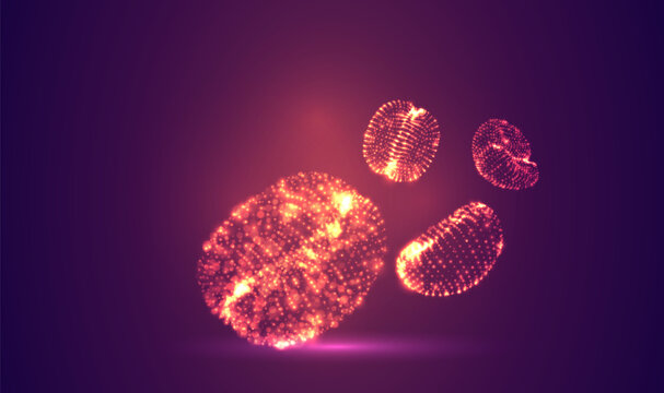 3D object made of dots, bright glow against a purple and magenta background