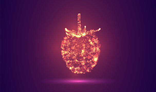 3D object made of dots, bright glow against a purple and magenta background