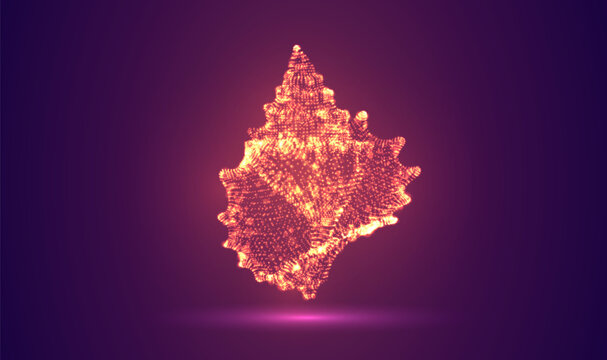 3D object made of dots, bright glow against a purple and magenta background