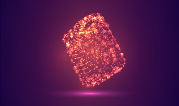 3D object made of dots, bright glow against a purple and magenta background