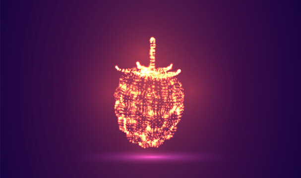 3D object made of dots, bright glow against a purple and magenta background