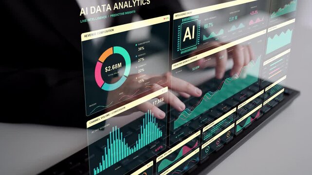 A person types on a keyboard. AI-assisted analysis links acquisition channels and customer retention with growth expectations, using forecasts and quality checks to support planning.
