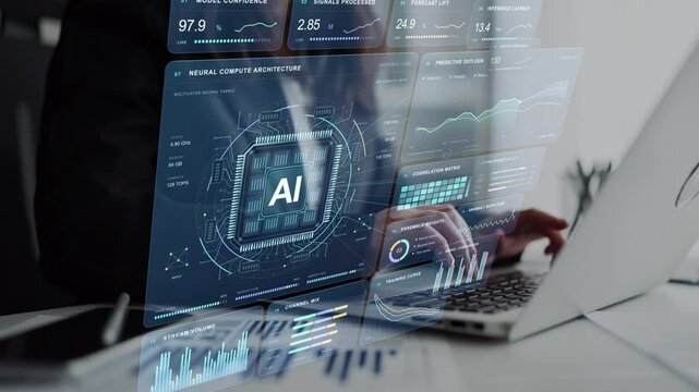 A woman works on a laptop. Neural computing and predictive analysis share a workspace with training curves and comparison metrics, illustrating how AI models are monitored and assessed.