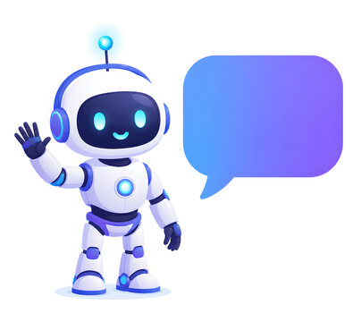 Friendly waving robot with a blank speech bubble
