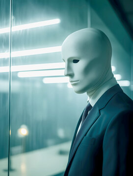 Mysterious Mannequin in a Business Suit Wearing a White Mask