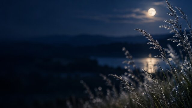 Dew Covered Grass Stems Beside a Moonlit Lake Against a Dark Navy Sky