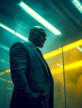 Serious Bald Businessman in a Dark Suit Under Teal and Yellow Neon Lighting