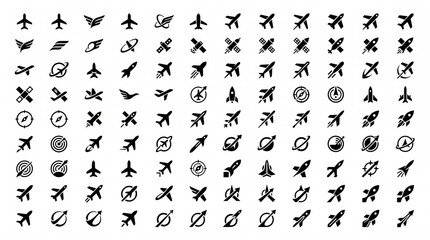 Airplane and space flight black icon set, aviation aircraft simple pictogram collection, travel technology vector symbols on white background © Ghulam