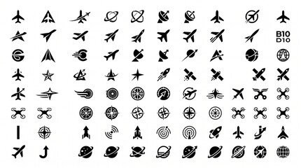 Minimalist aviation icon set, black airplane rocket satellite symbols, modern aerospace vector graphic elements © Ghulam