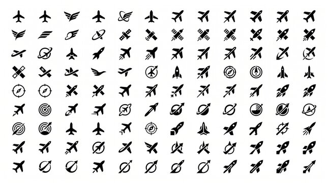 Airplane and space flight black icon set, aviation aircraft simple pictogram collection, travel technology vector symbols on white background